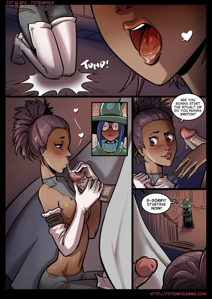 Totempole comic featuring a busty blonde witch, a muscular knight, and green demons in a fantasy setting.