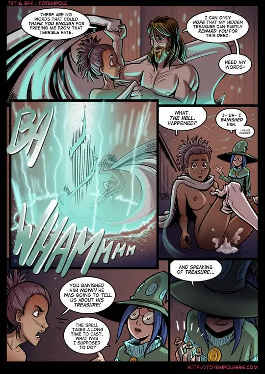 Totempole comic featuring a busty blonde witch, a muscular knight, and green demons in a fantasy setting.