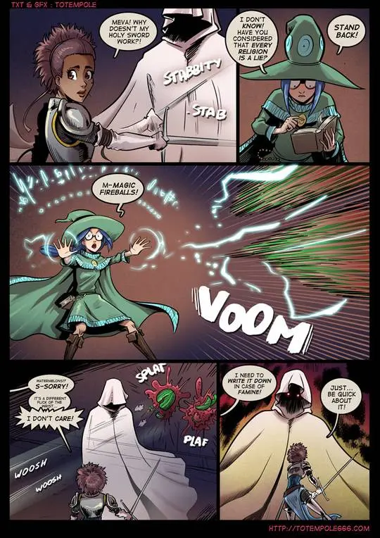 Totempole comic featuring a busty blonde witch, a muscular knight, and green demons in a fantasy setting.