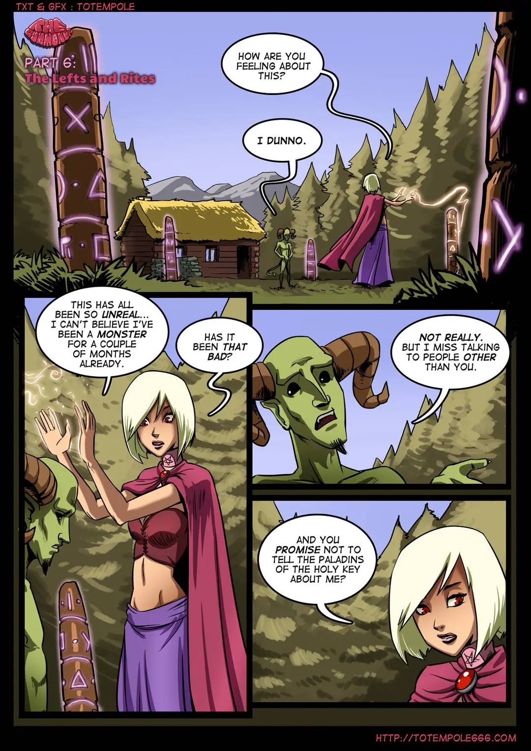 Totempole comic featuring a busty blonde witch, a muscular knight, and green demons in a fantasy setting.