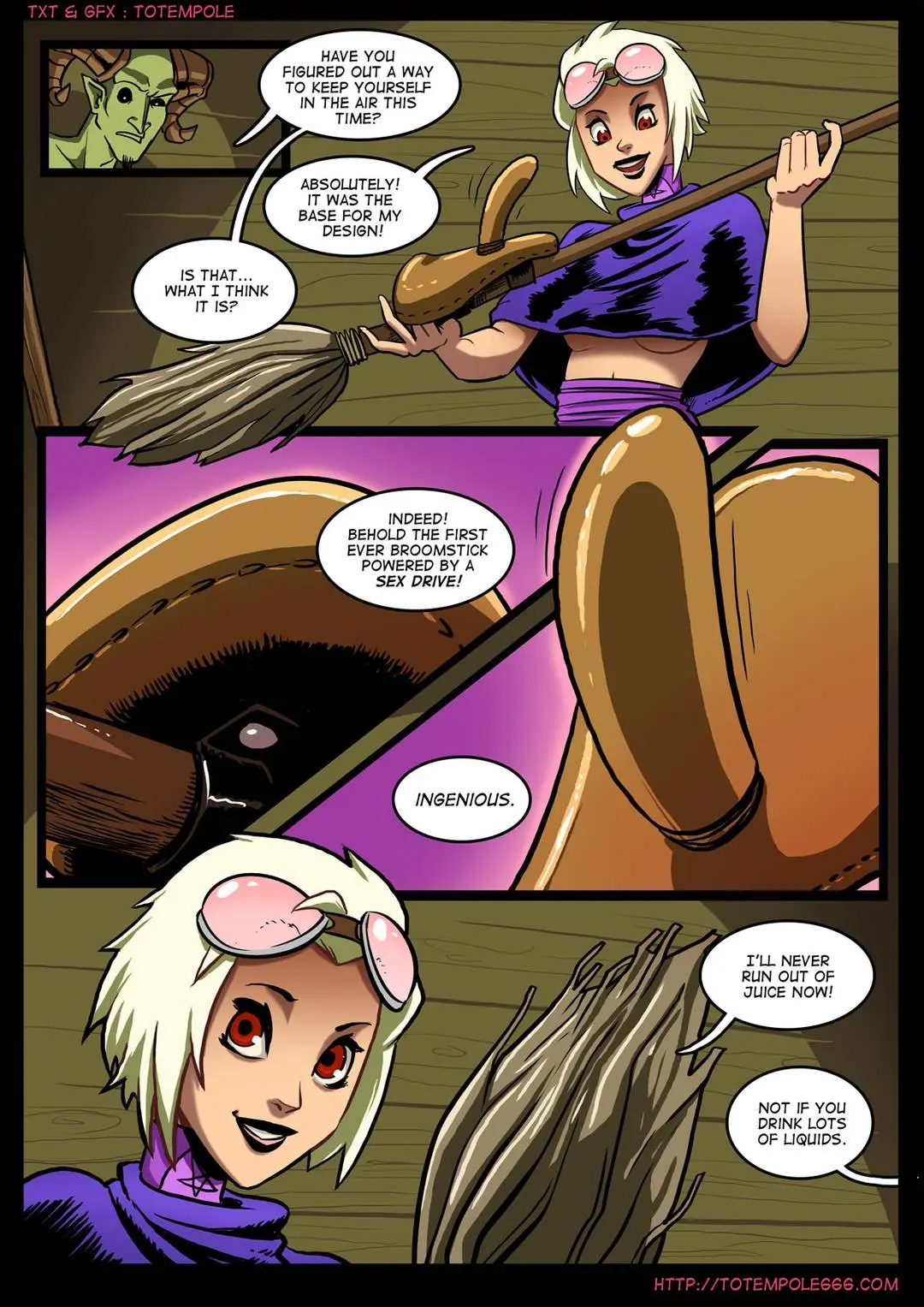 Totempole comic featuring a busty blonde witch, a muscular knight, and green demons in a fantasy setting.