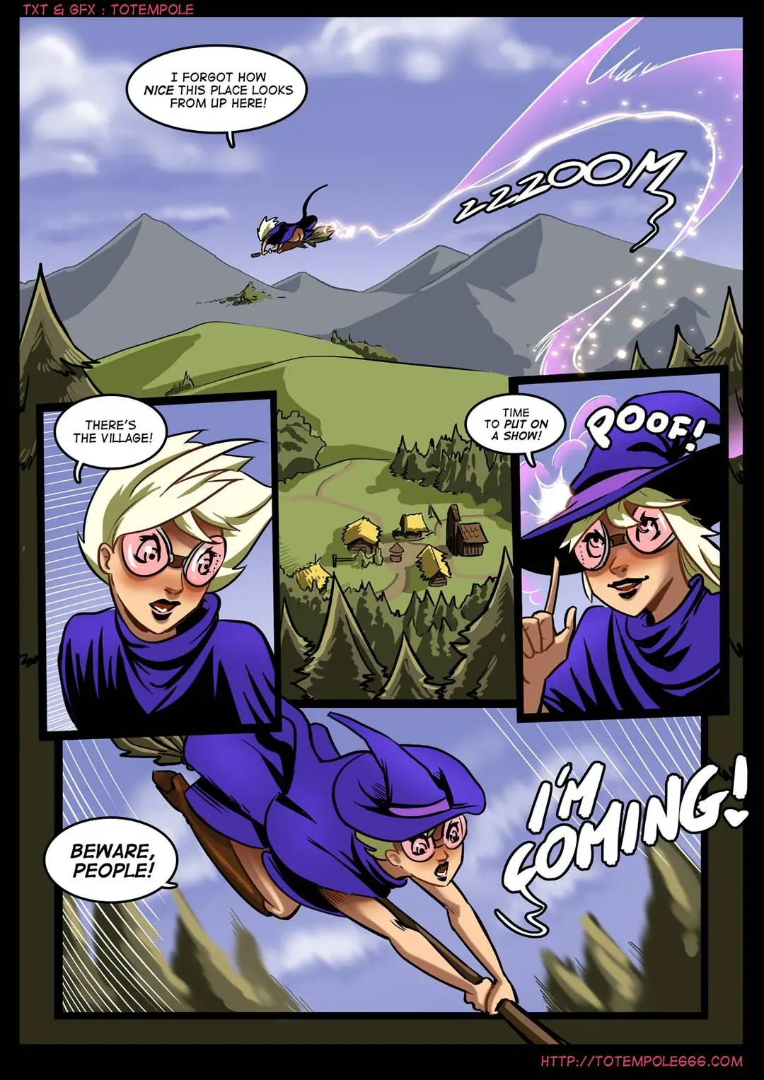 Totempole comic featuring a busty blonde witch, a muscular knight, and green demons in a fantasy setting.