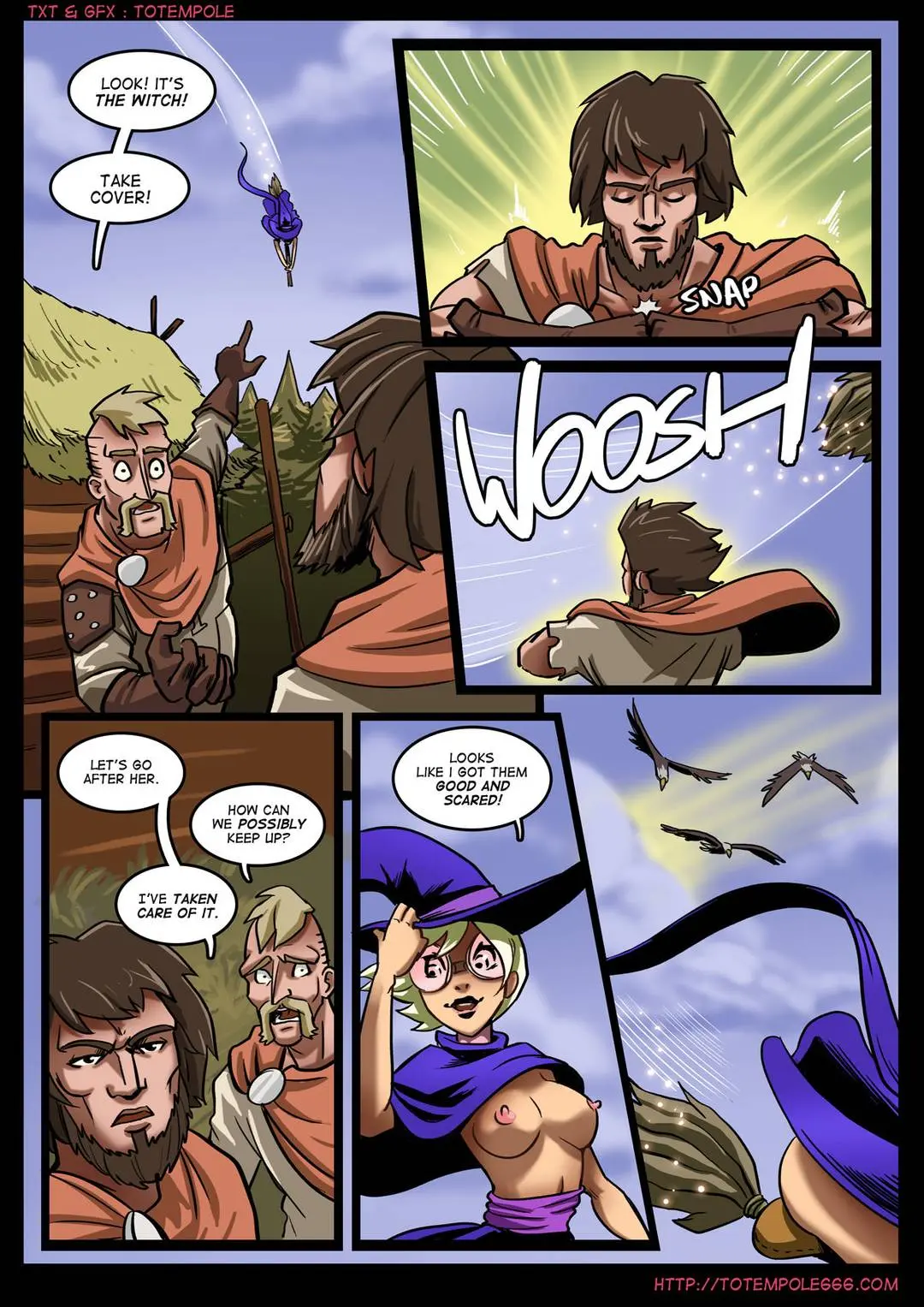 Totempole comic featuring a busty blonde witch, a muscular knight, and green demons in a fantasy setting.
