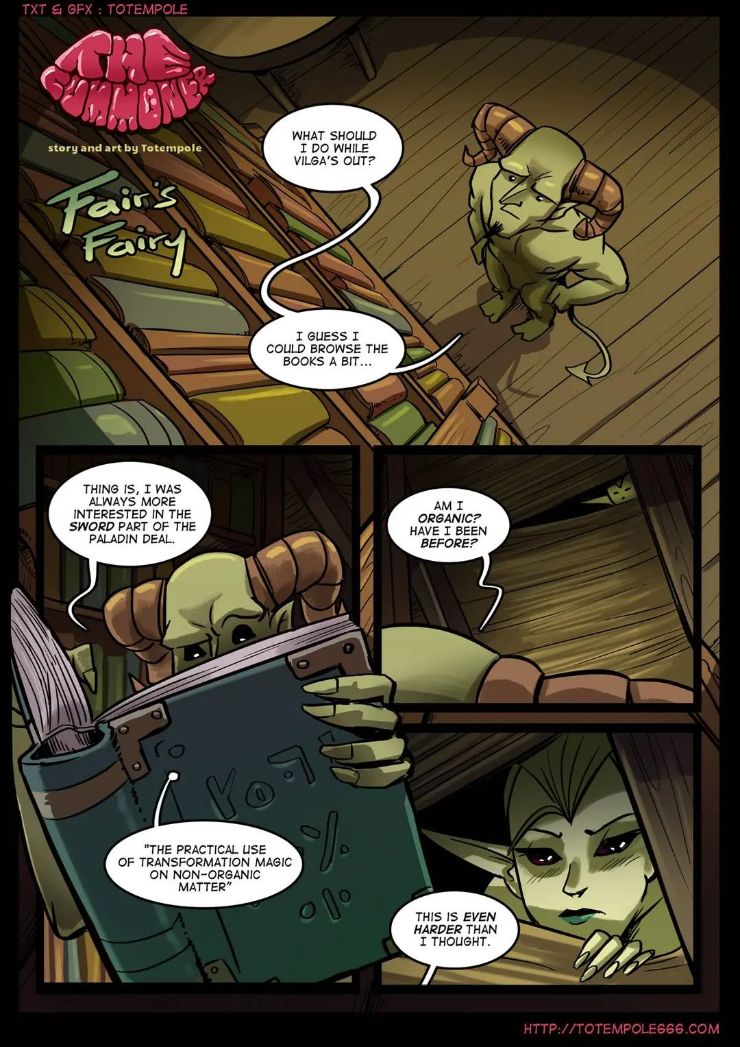Totempole comic featuring a busty blonde witch, a muscular knight, and green demons in a fantasy setting.