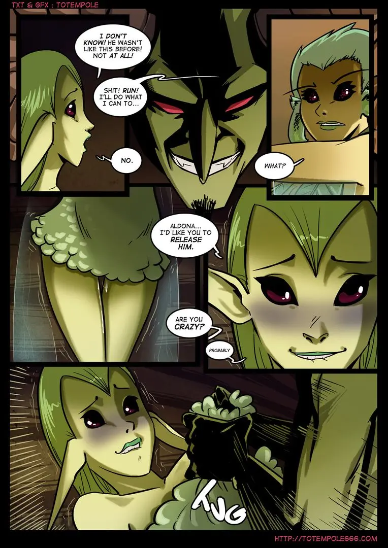 Totempole comic featuring a busty blonde witch, a muscular knight, and green demons in a fantasy setting.