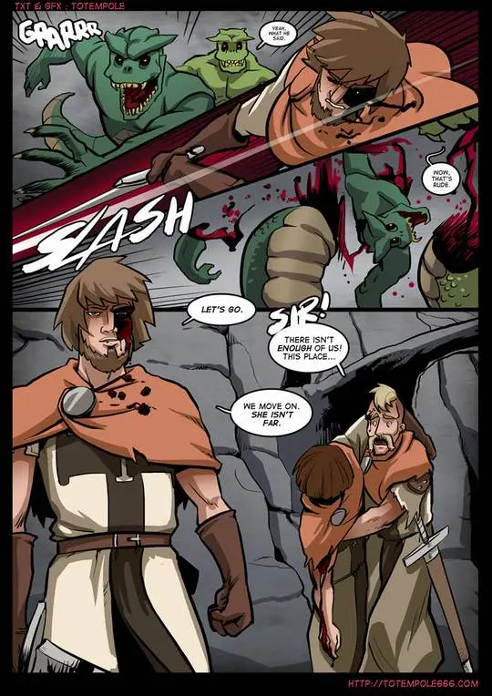 Totempole comic featuring a busty blonde witch, a muscular knight, and green demons in a fantasy setting.
