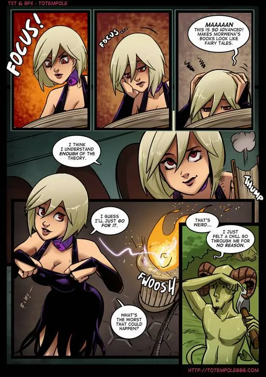 Totempole comic featuring a busty blonde witch, a muscular knight, and green demons in a fantasy setting.