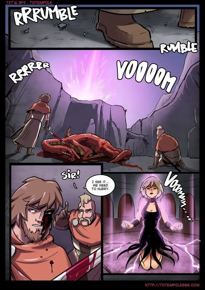 Totempole comic featuring a busty blonde witch, a muscular knight, and green demons in a fantasy setting.