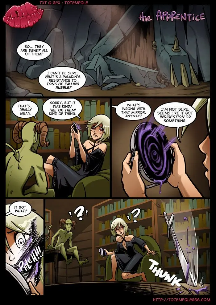 Totempole comic featuring a busty blonde witch, a muscular knight, and green demons in a fantasy setting.