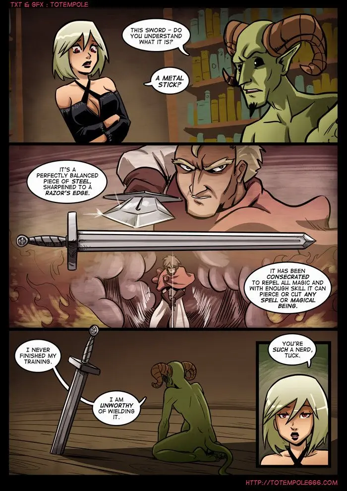 Totempole comic featuring a busty blonde witch, a muscular knight, and green demons in a fantasy setting.