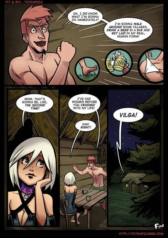 Totempole comic featuring a busty blonde witch, a muscular knight, and green demons in a fantasy setting.