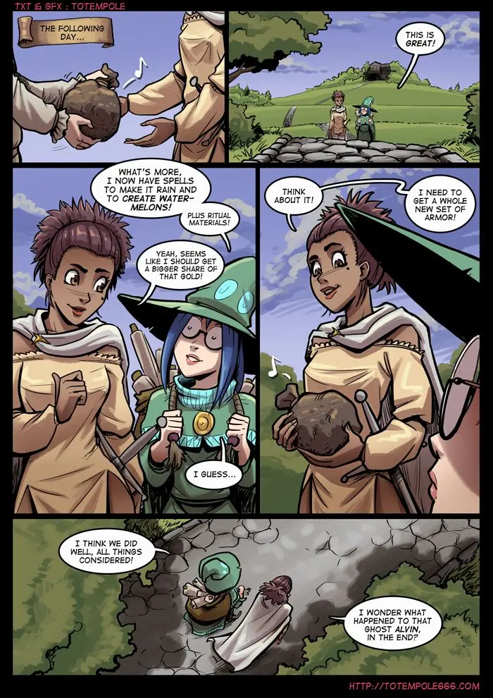 Totempole comic featuring a busty blonde witch, a muscular knight, and green demons in a fantasy setting.