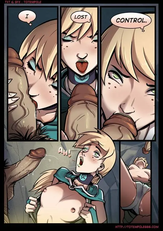 Totempole comic featuring a busty blonde witch, a muscular knight, and green demons in a fantasy setting.