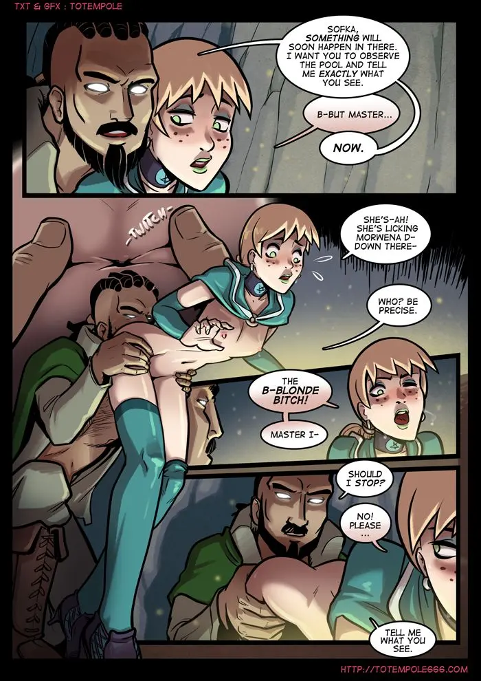 Totempole comic featuring a busty blonde witch, a muscular knight, and green demons in a fantasy setting.
