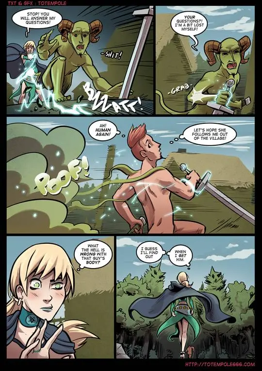 Totempole comic featuring a busty blonde witch, a muscular knight, and green demons in a fantasy setting.
