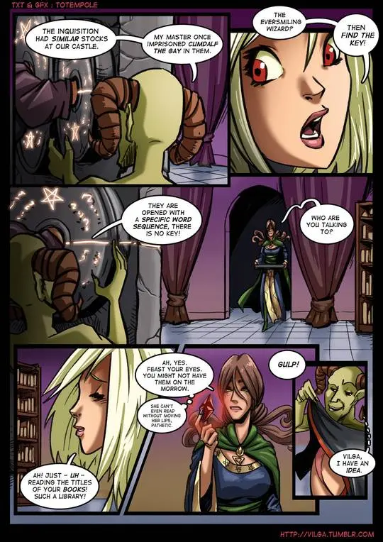Totempole comic featuring a busty blonde witch, a muscular knight, and green demons in a fantasy setting.