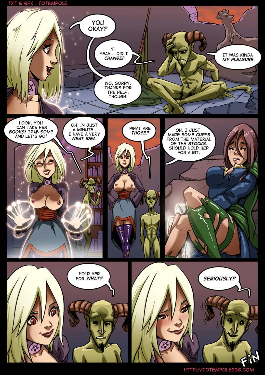 Totempole comic featuring a busty blonde witch, a muscular knight, and green demons in a fantasy setting.
