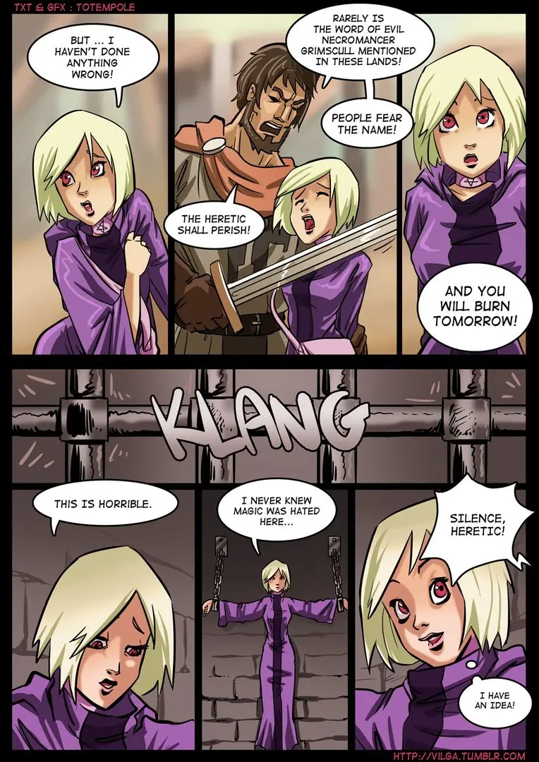 Totempole comic featuring a busty blonde witch, a muscular knight, and green demons in a fantasy setting.