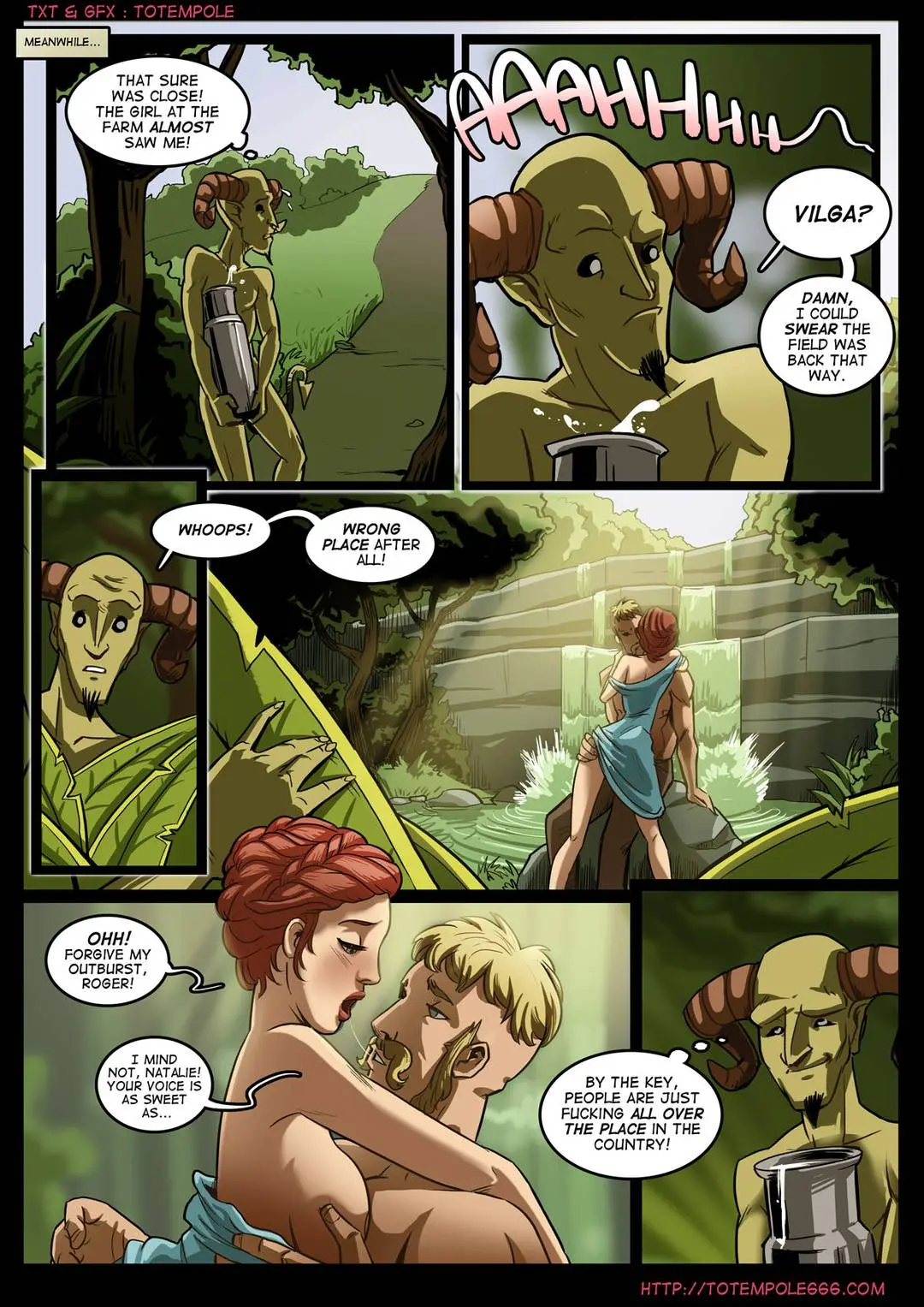 Totempole comic featuring a busty blonde witch, a muscular knight, and green demons in a fantasy setting.