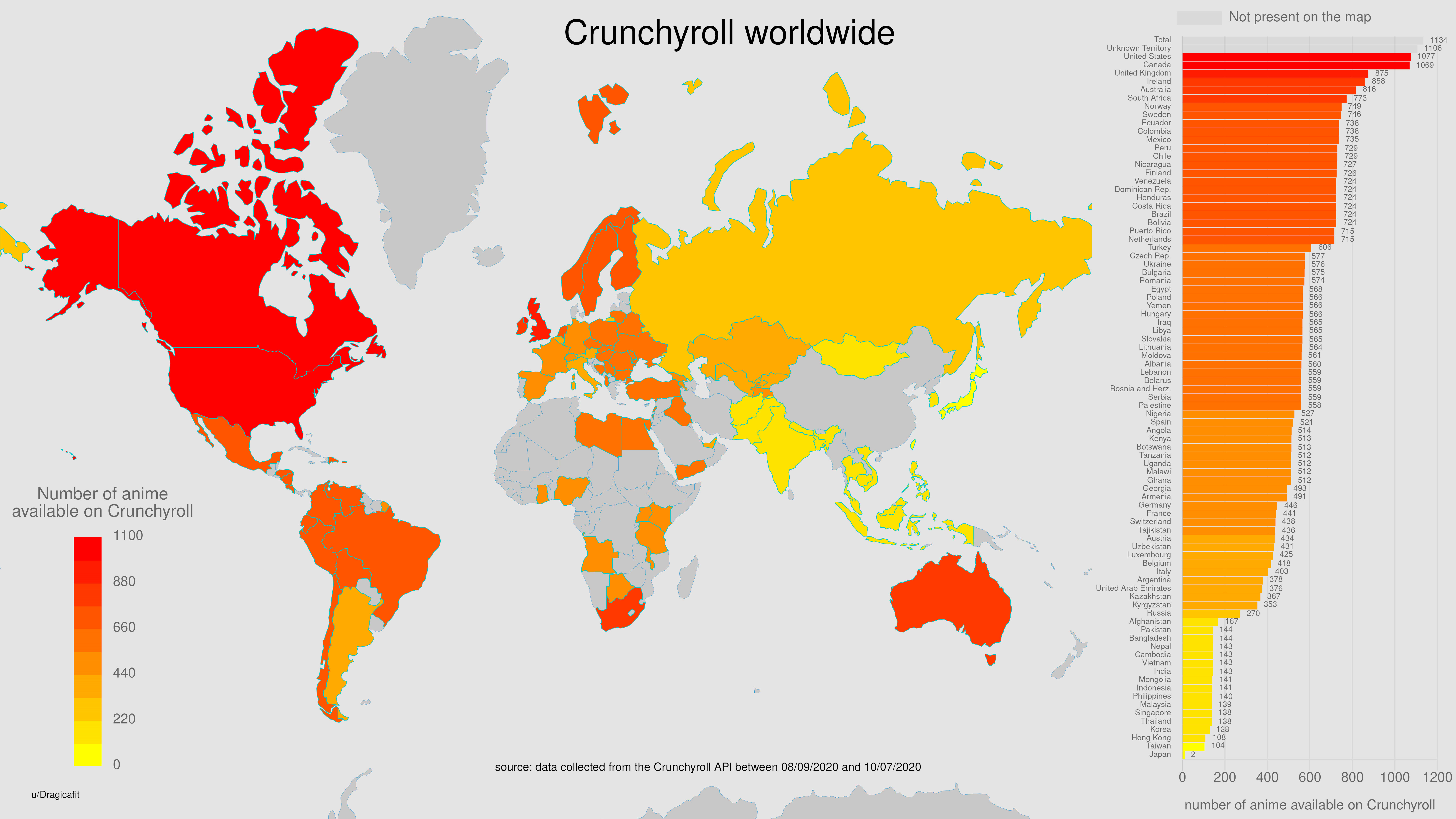 The number of anime available on Crunchyroll per country Scrolller
