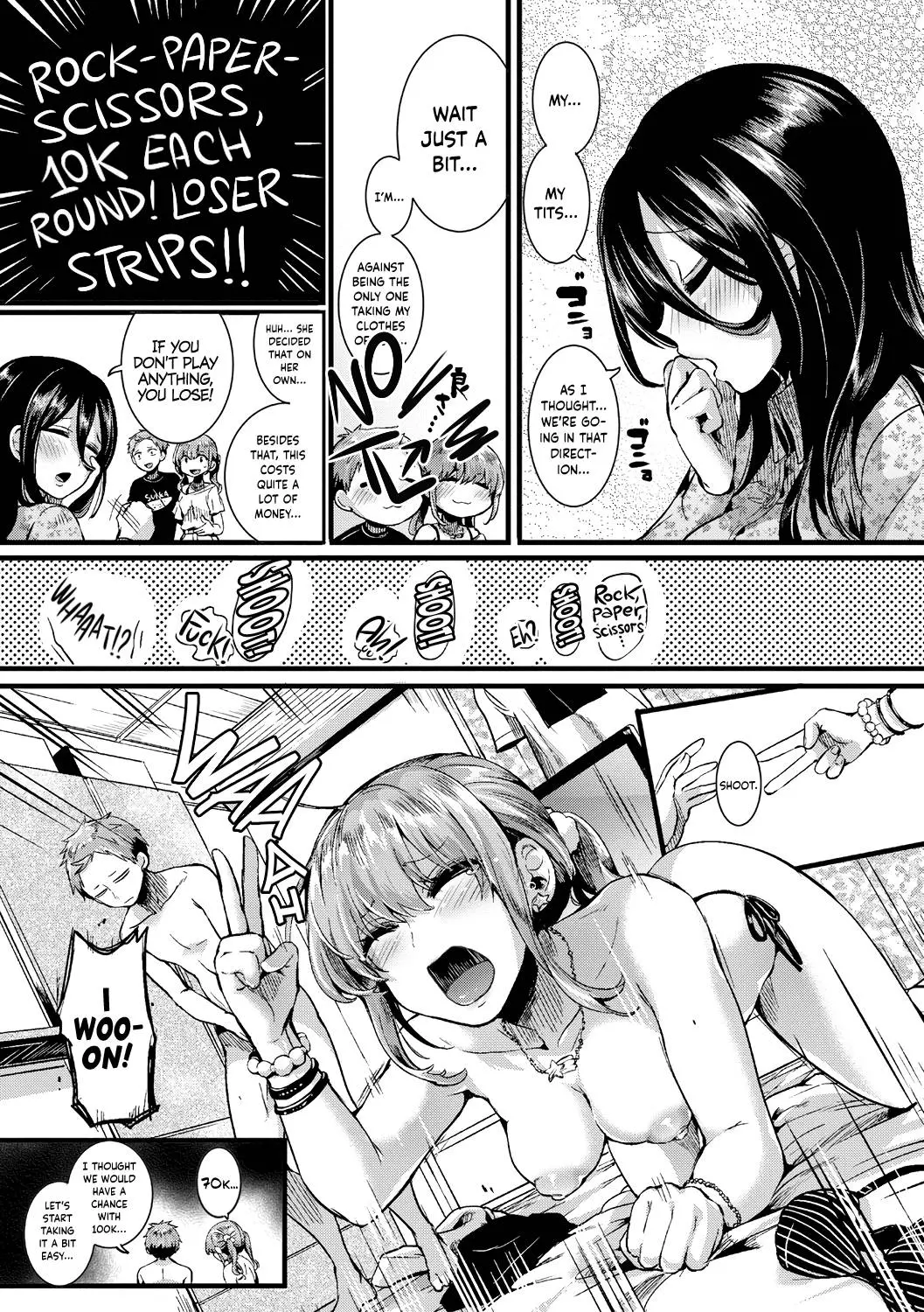 Doujinshi of the Suou siblings engaging in a strip game with busty women, featuring handjobs and fellatio.