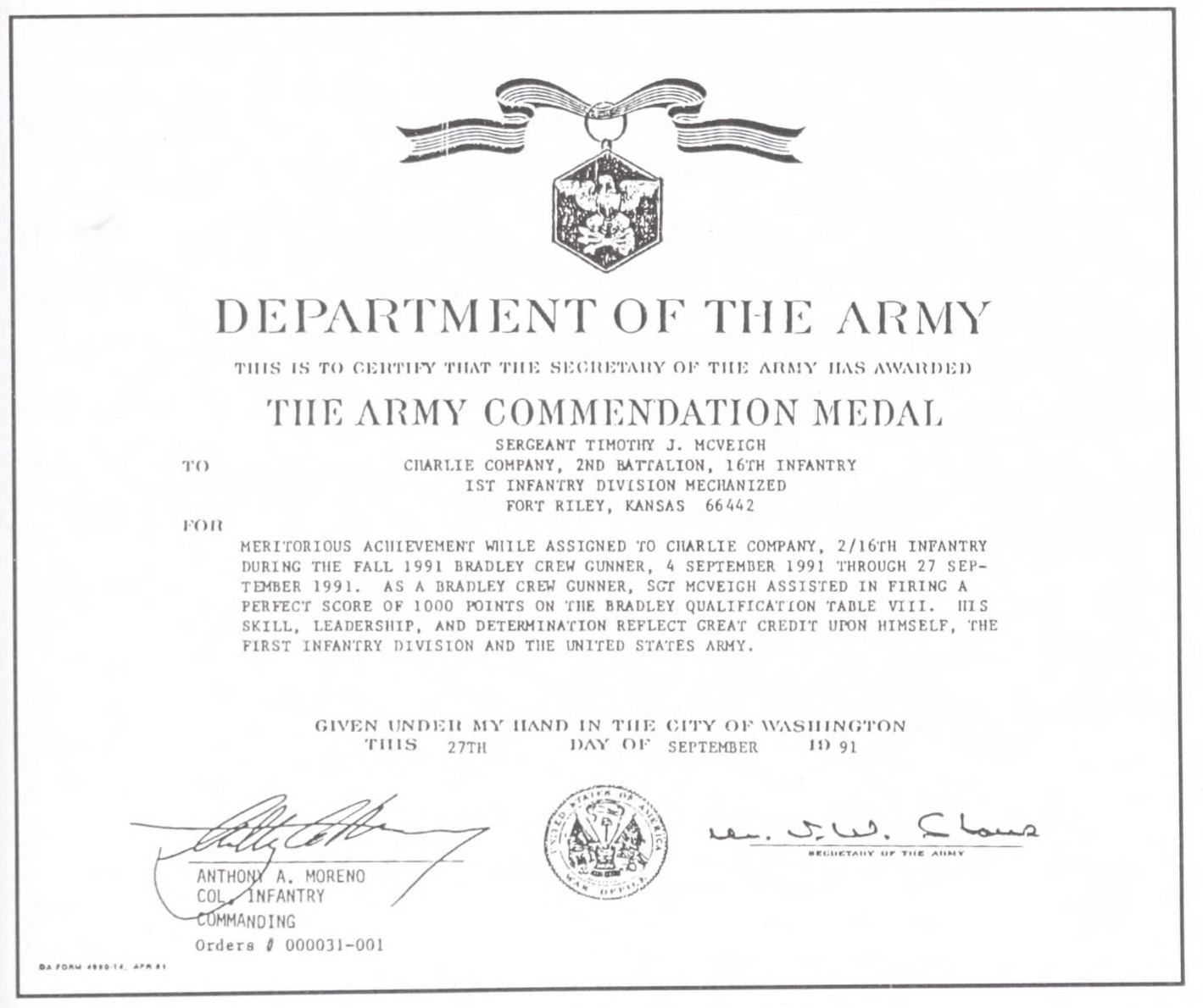 Timothy McVeigh's Army Commendation Medal certificate | Scrolller