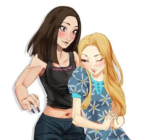 Trad girl in a blue floral sundress and a muscular mommy e-thot in a black crop top and dark pants.