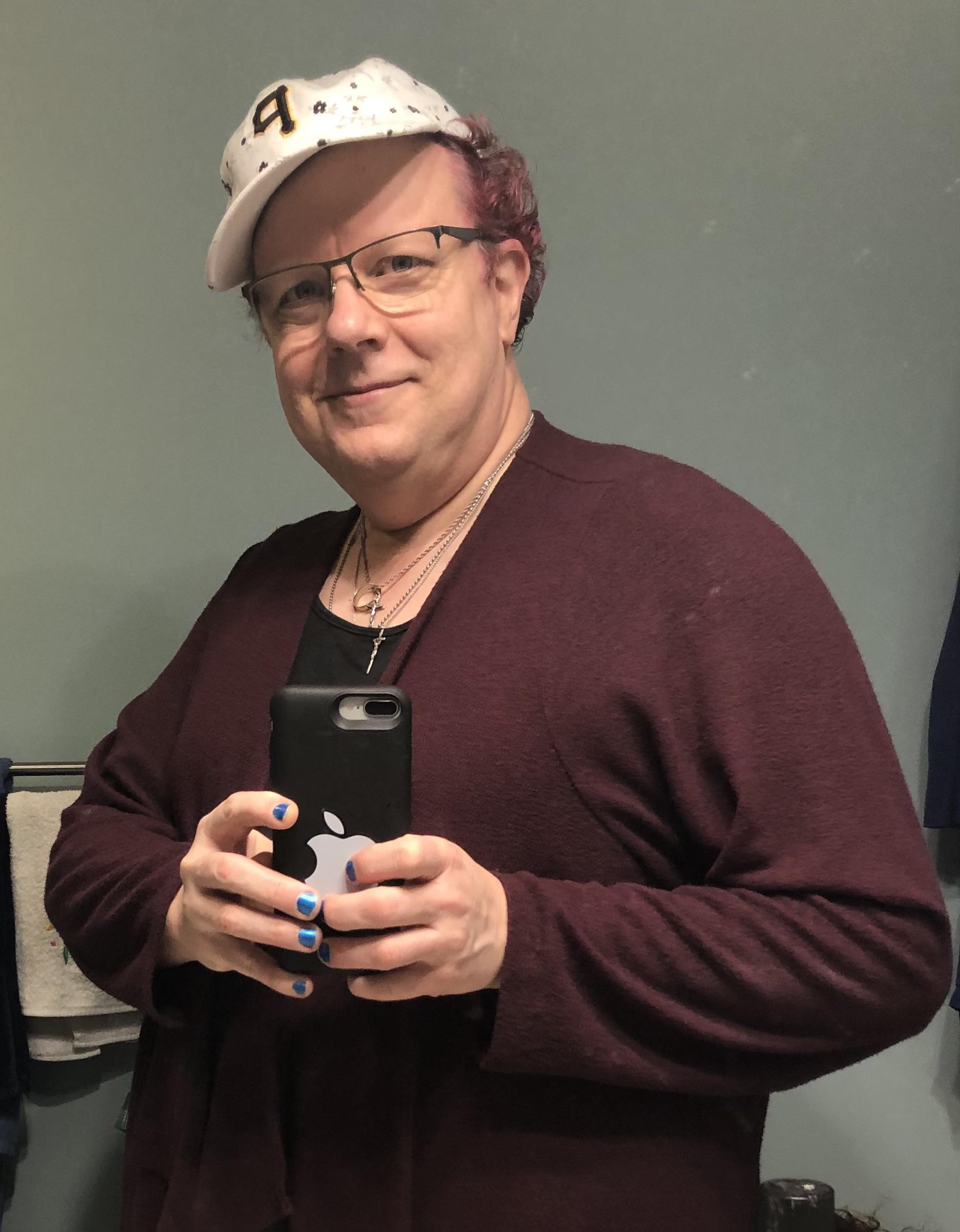 Trying a little hair color in my “real” hair. Hat is essential to