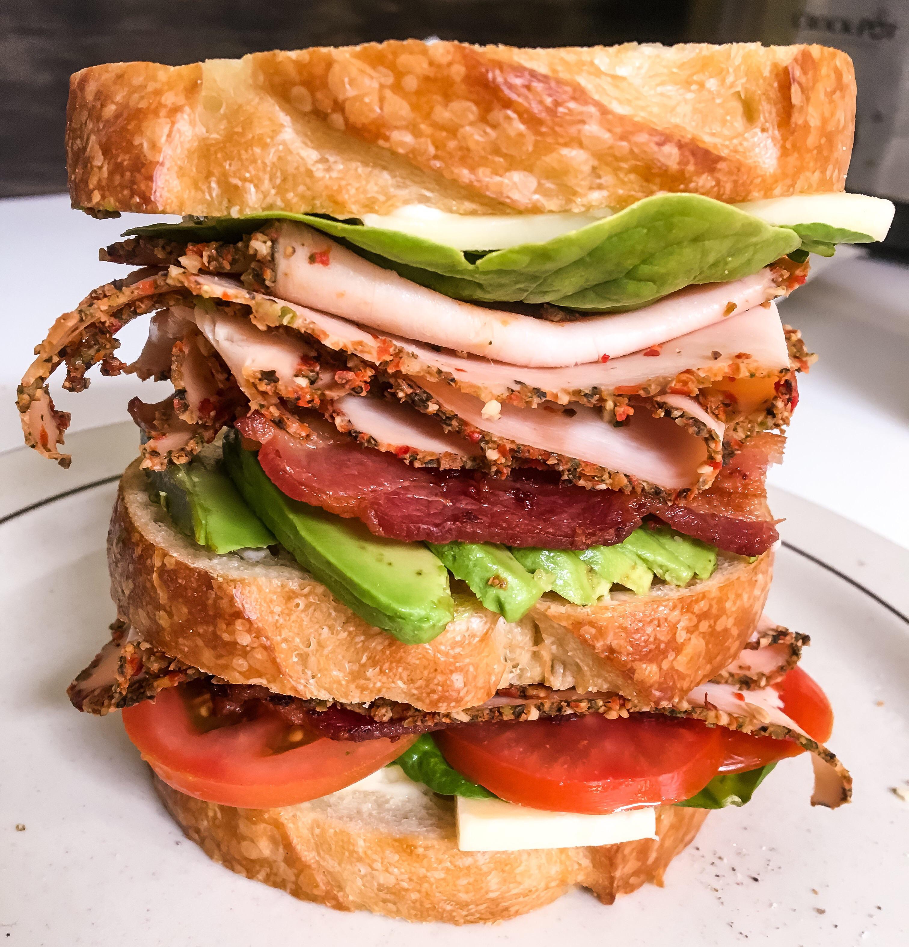 Turkey club on fresh sourdough, thick peppered bacon, mesquite peppered