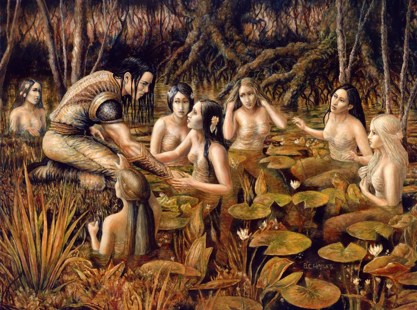 Tyris & the Water Nymphs by Brian C Hailes, an oil painting of a man in gold armor and women in a forest pond