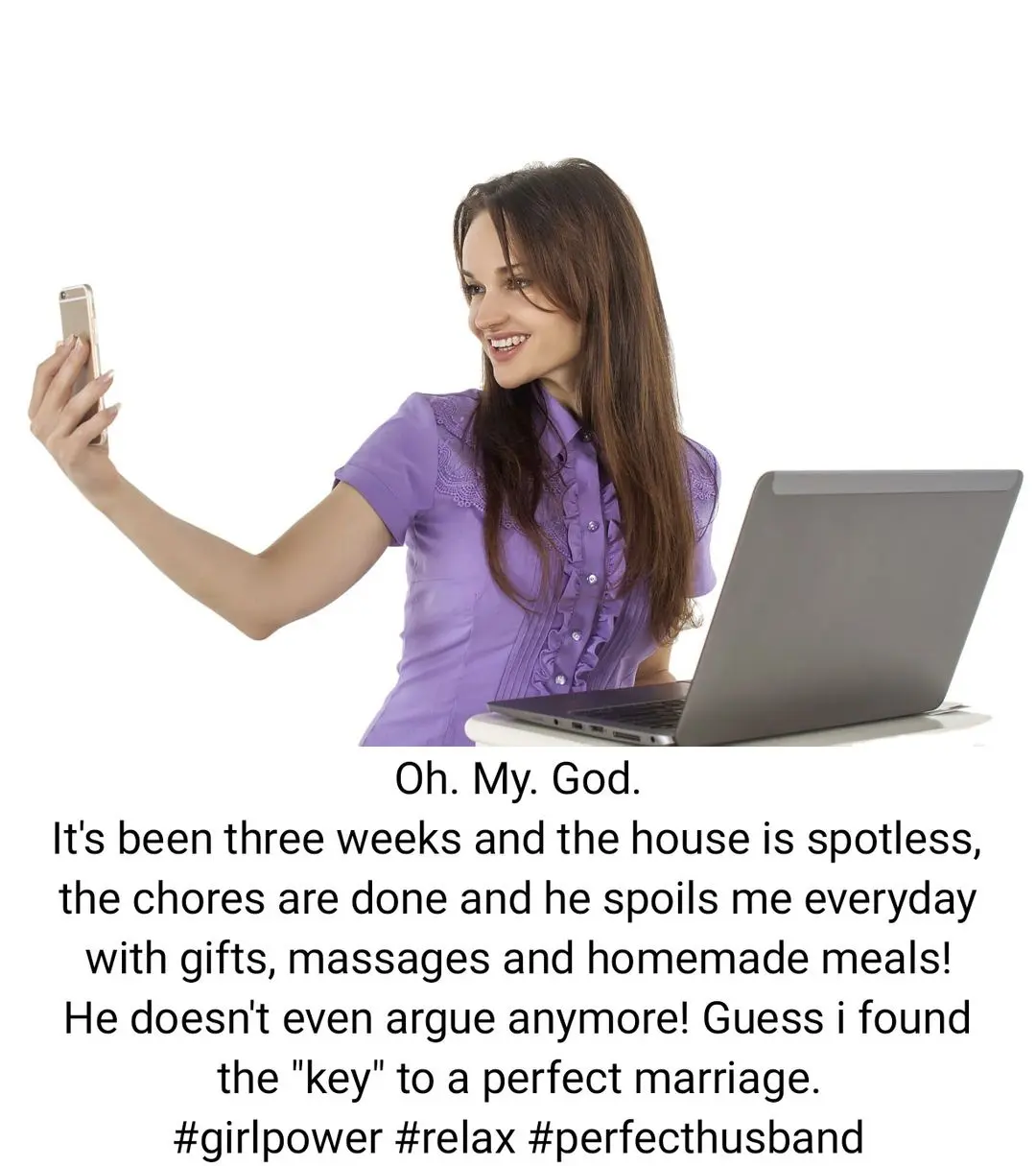 Femdom chastity captions showing a woman using a chastity cage to make her husband do all the housework.