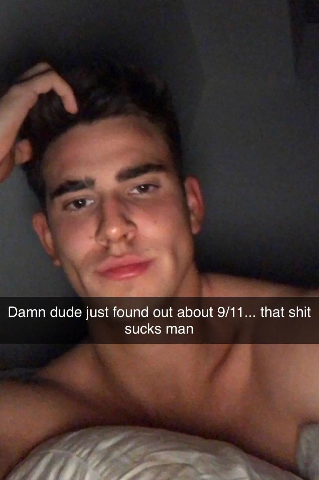 A SnapChad meme featuring a shirtless athletic man with dark brown hair and a dark humor text overlay.