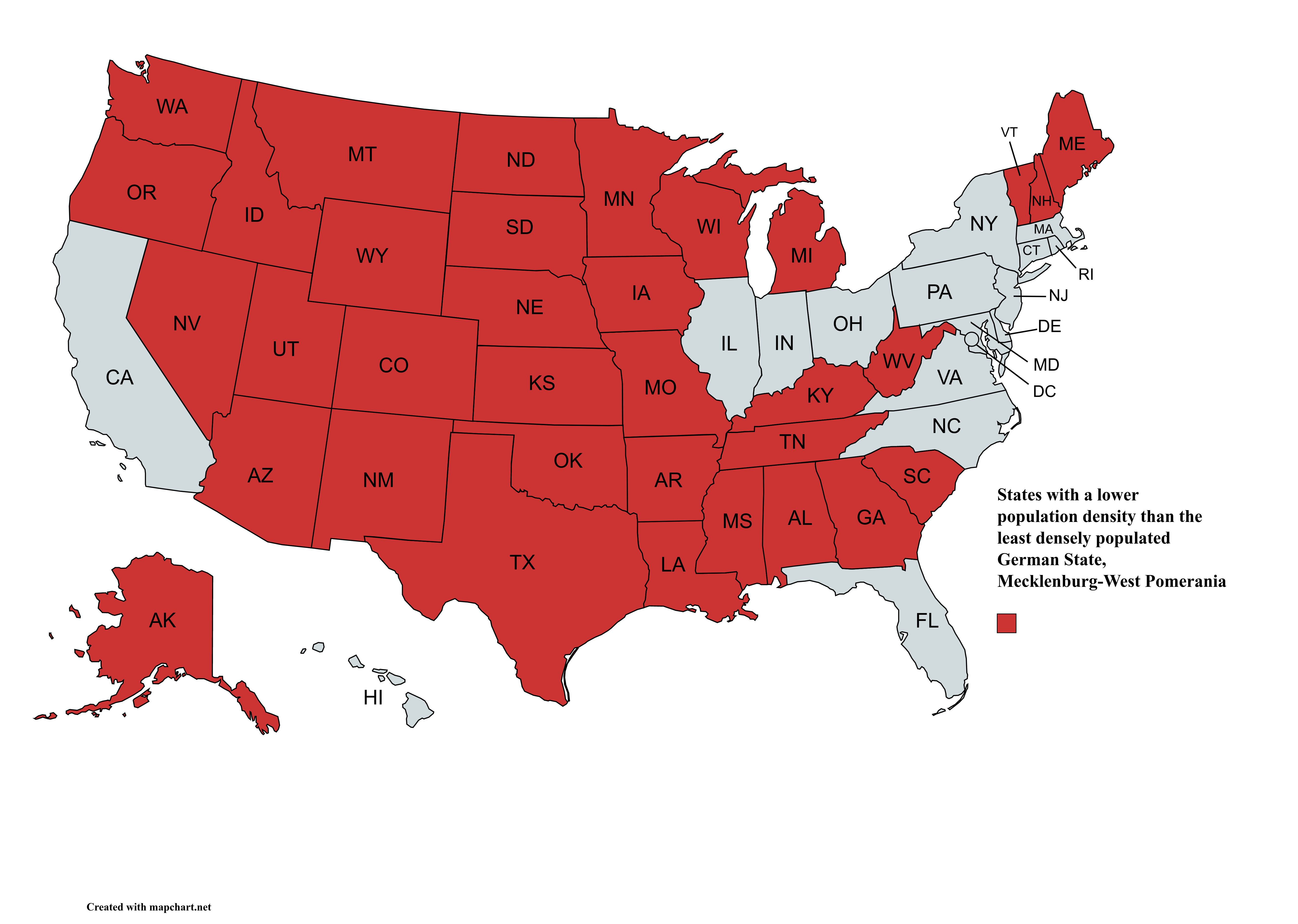 US States that are less densely populated than Germany's least densely
