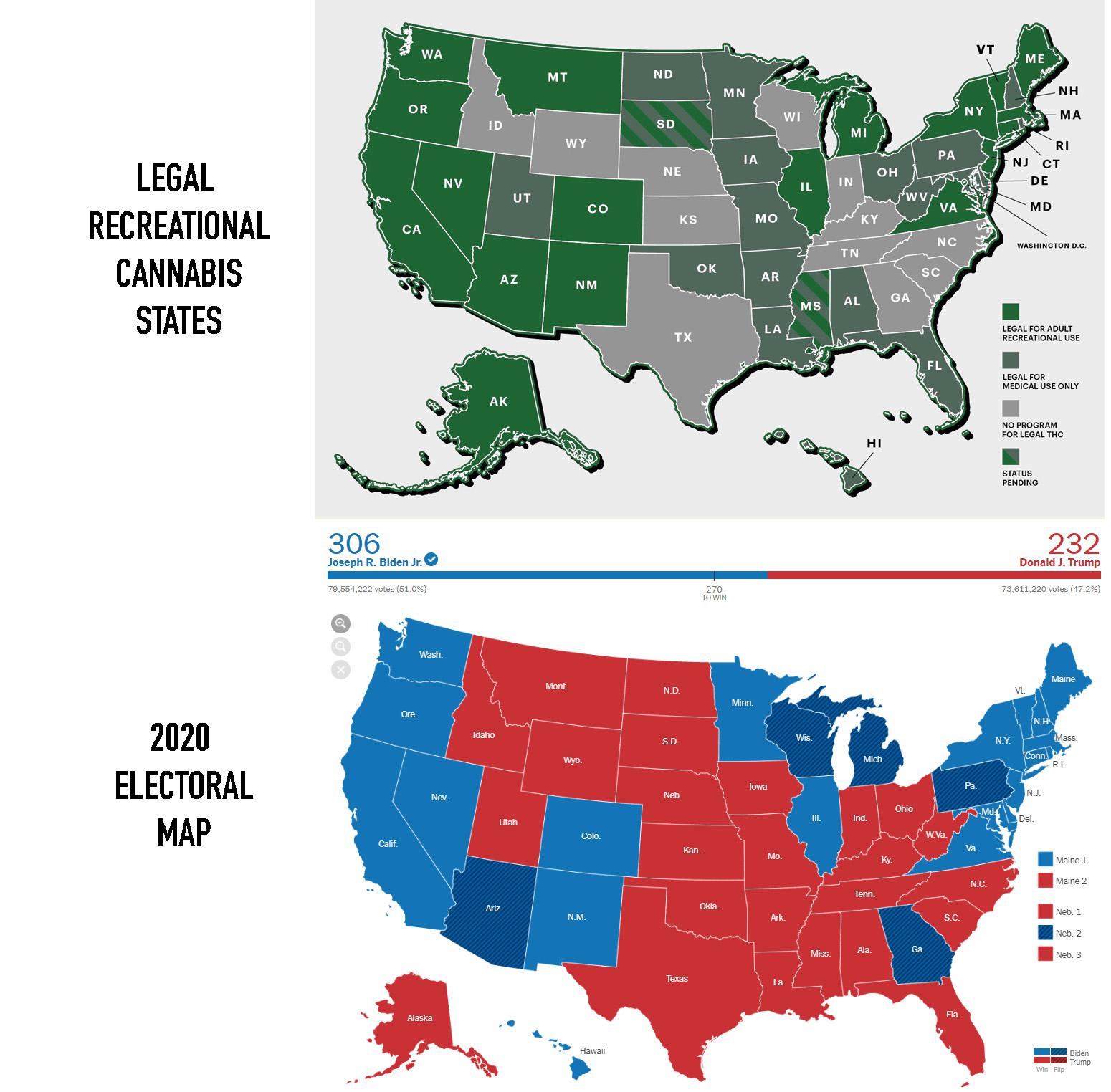 USA Map of Legal Recreational Cannabis States vs. 2020 Electoral Map ...