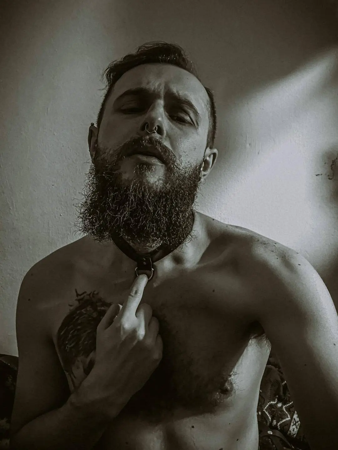 Slim white man with a beard, chest tattoo, and nose ring wearing a leather collar for puppy play
