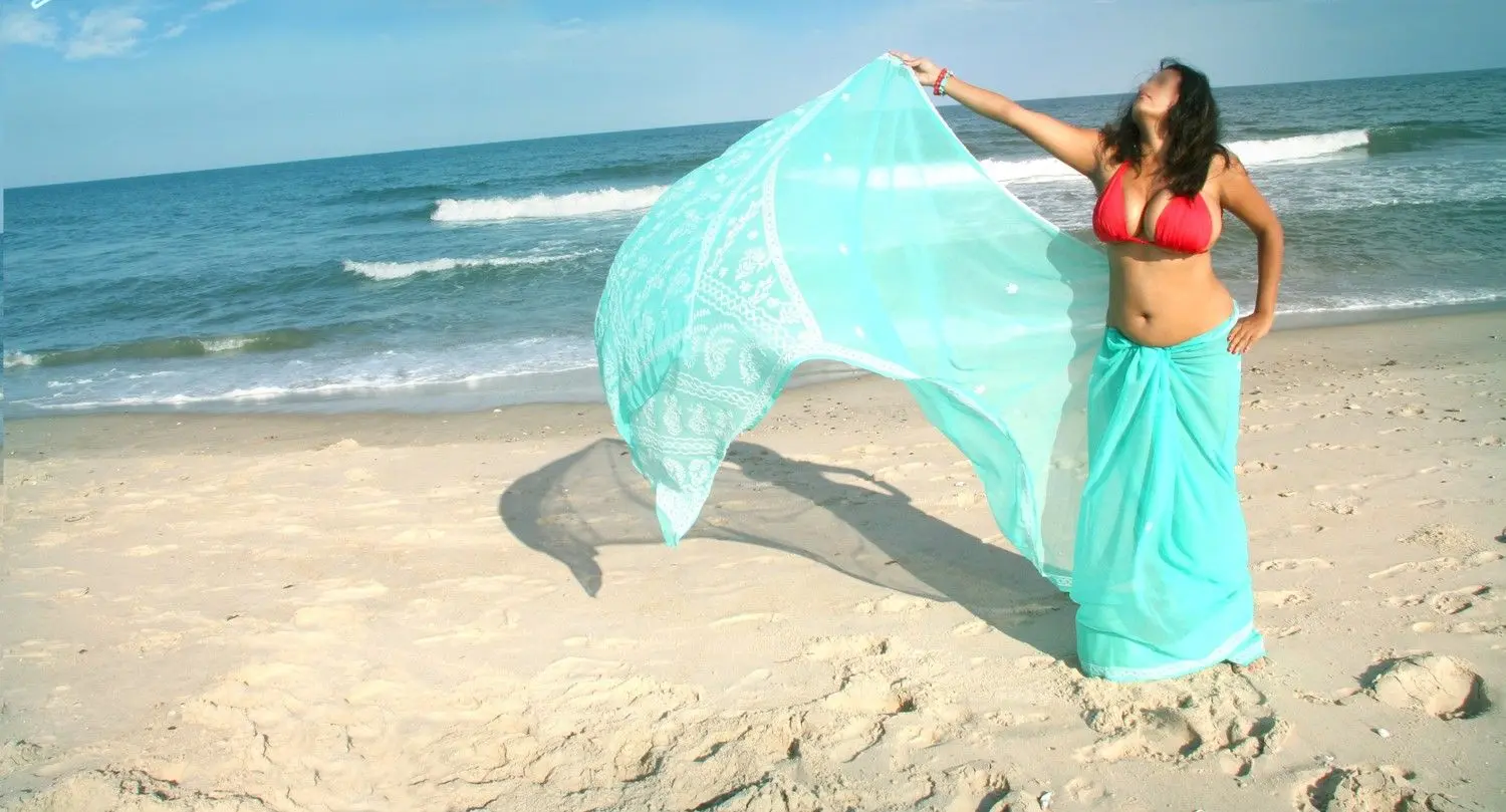 Wet curvy Indian babe stripping her saree by the beach!