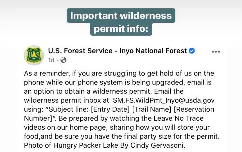 Wilderness permit info from Inyo NF Scrolller
