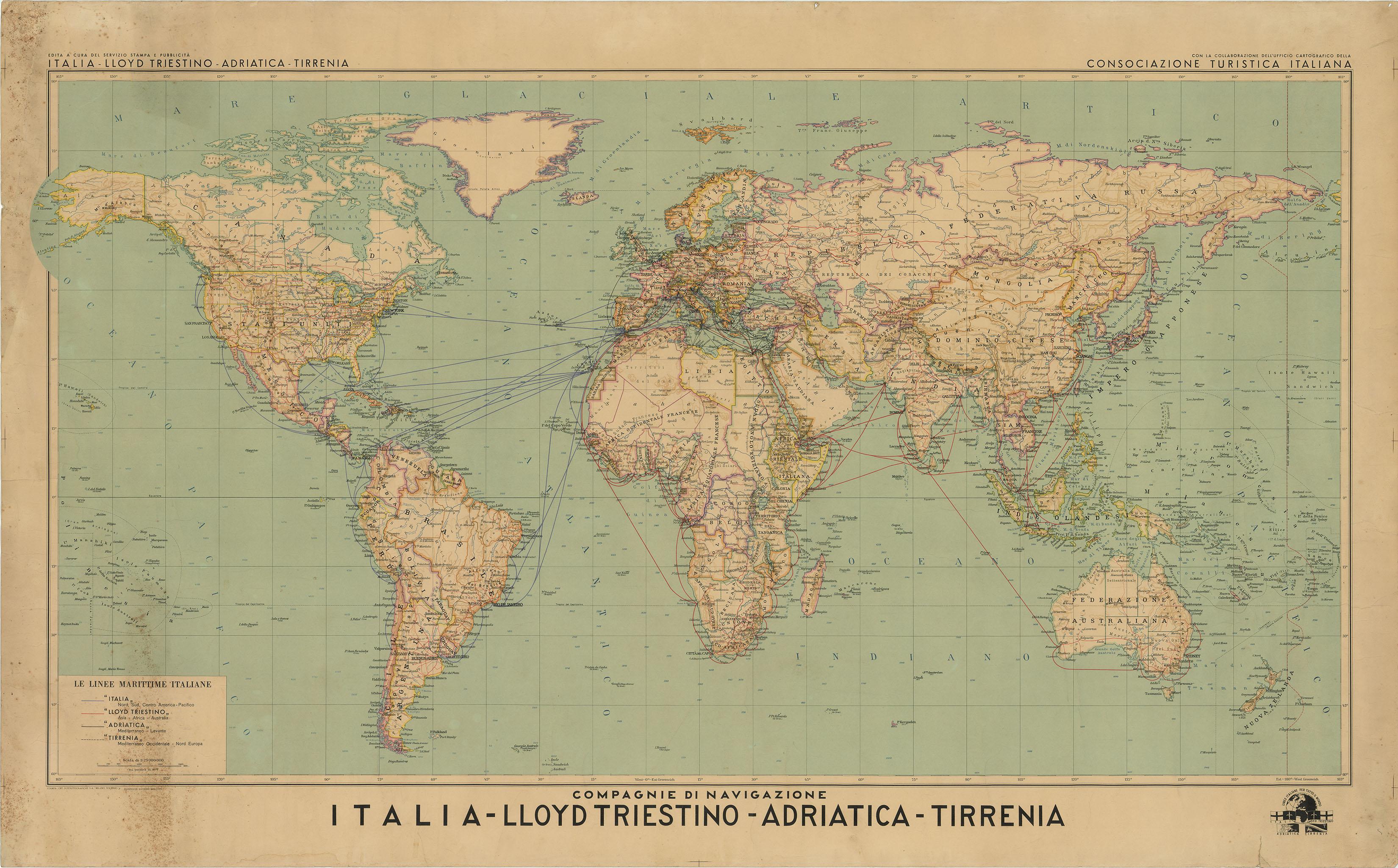 World Map Of The Four Major Ocean Line Companies Of Italy In The 1930 s 
