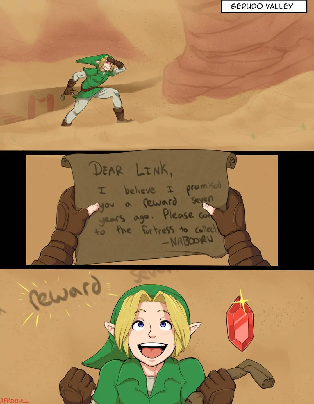 Link and a busty redhead Gerudo Queen in an interracial bwc impregnation doujinshi.