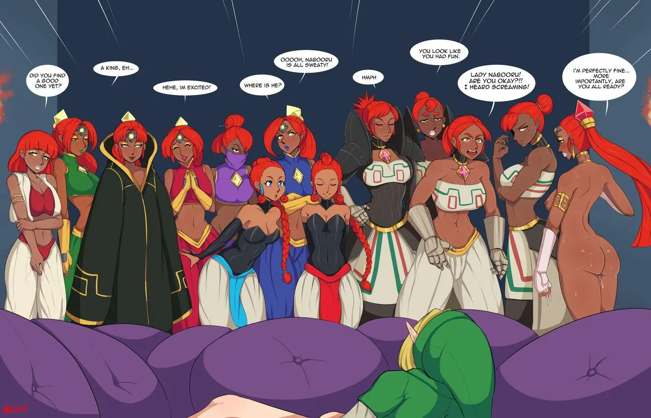 Link and a busty redhead Gerudo Queen in an interracial bwc impregnation doujinshi.