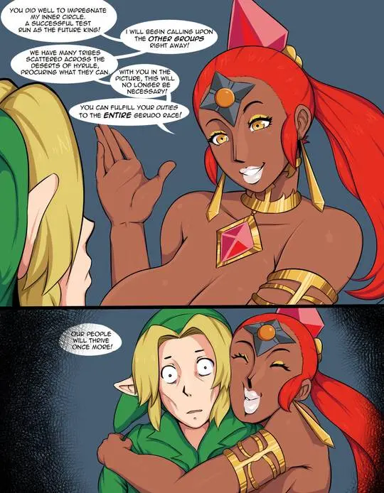 Link and a busty redhead Gerudo Queen in an interracial bwc impregnation doujinshi.