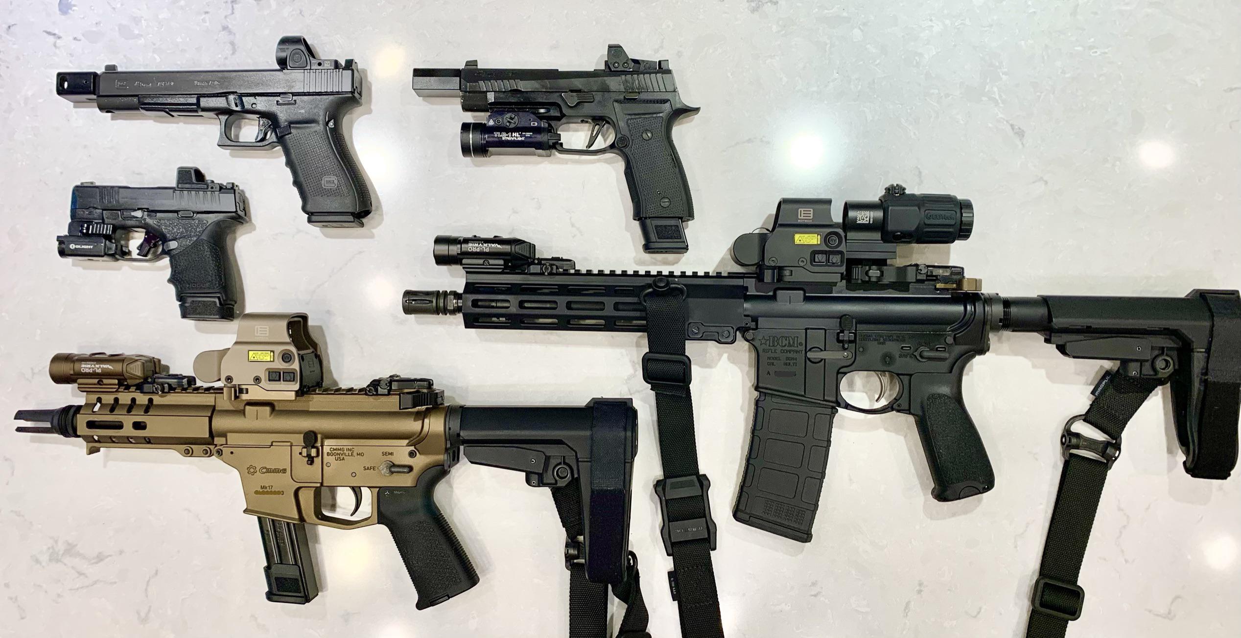 2020 Family pic AR15, Banshee 9mm MK17, Sig P320 with 3 port