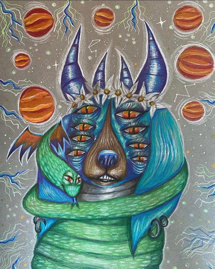 A drawing of an alien dog I did, done in colored pencil and gel pens ...