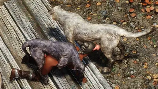 Busty brunette in fantasy armor being attacked by a feral wolf in a forest, monster on human, 3d