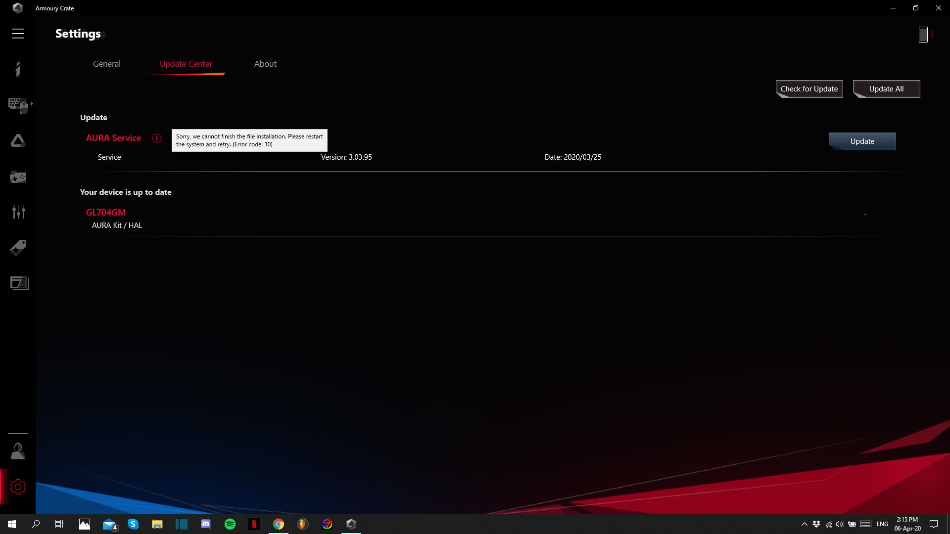 Armoury Crate can’t install update. Also, I have reinstalled the app