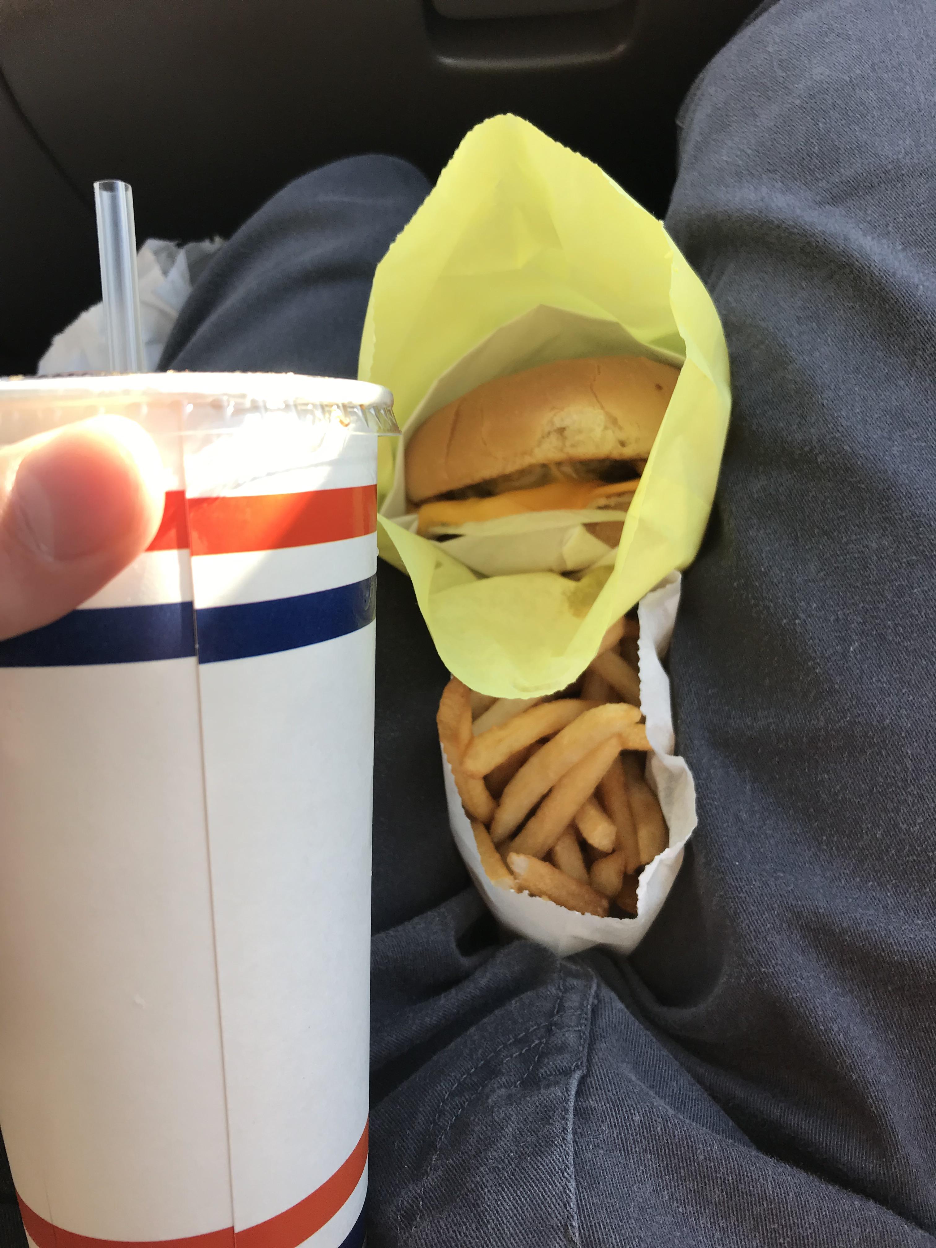 BBQ Bacon cheeseburger, large order of fries, orange soda with no ice