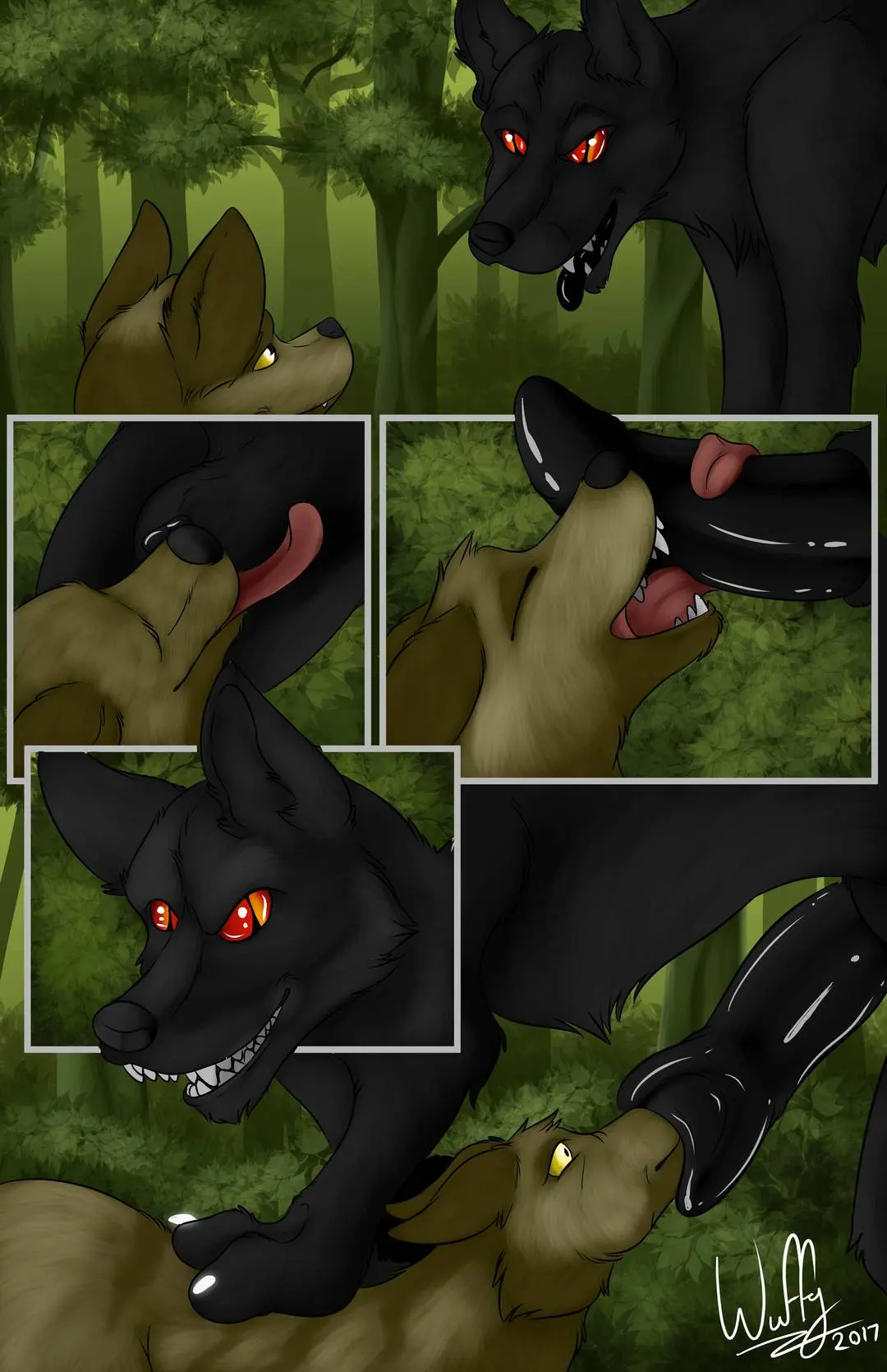Digital art of muscular black fur and slim tan fur anthropomorphic wolves engaging in knotting and anal sex in a forest.