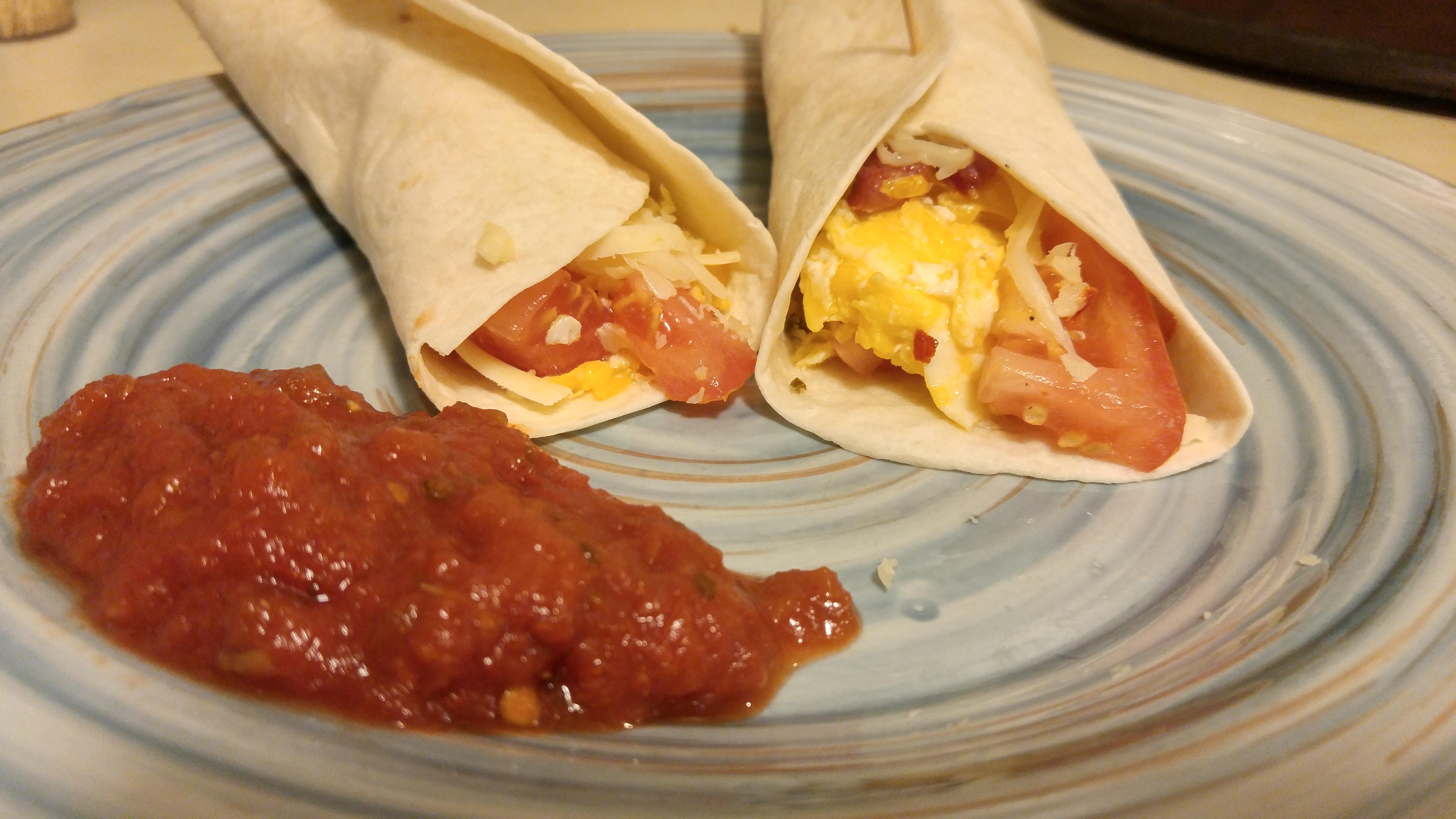 Breakfast burritos (scrambled eggs, chorizo sausage, monterey jack