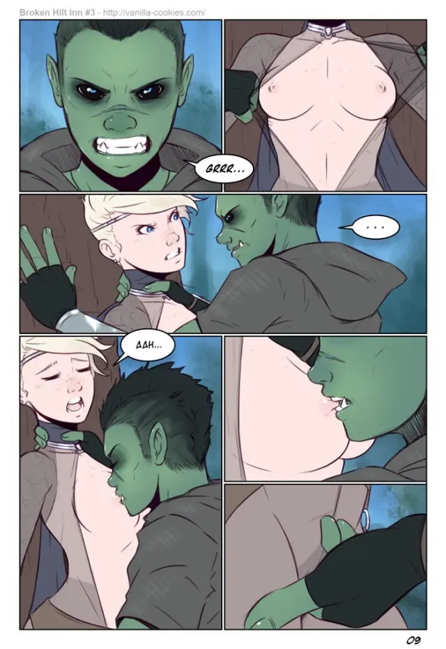 Orc man and blonde human femboy in a fight and sexual encounter from Broken Hilt Inn 3 by Vanilla-Cookies