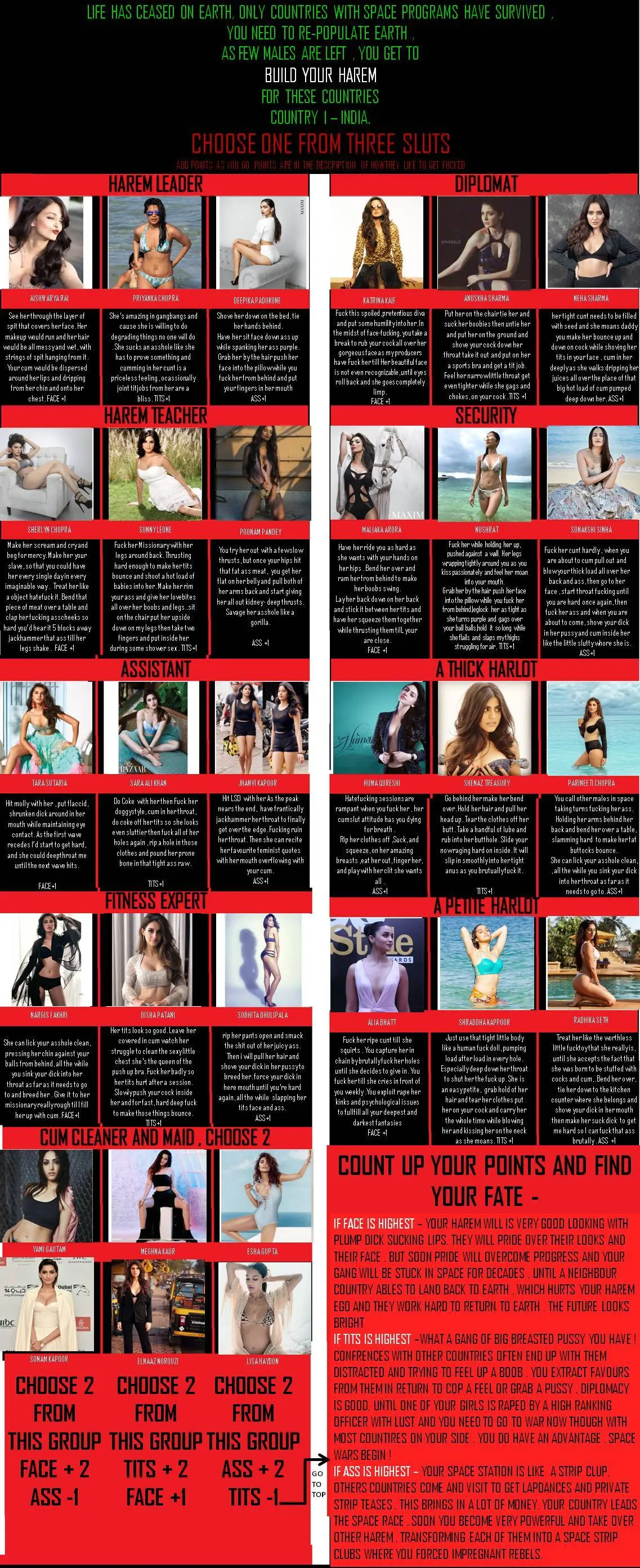 Build your harem to repopulate earth . Celeb CYOA Country Edition 1 - India. ( Priyanka Chopra , Deepika Padukone , Nargis Fakhri, Sunny Leone +26 other Indian Celebs . [OC] [CYOA]